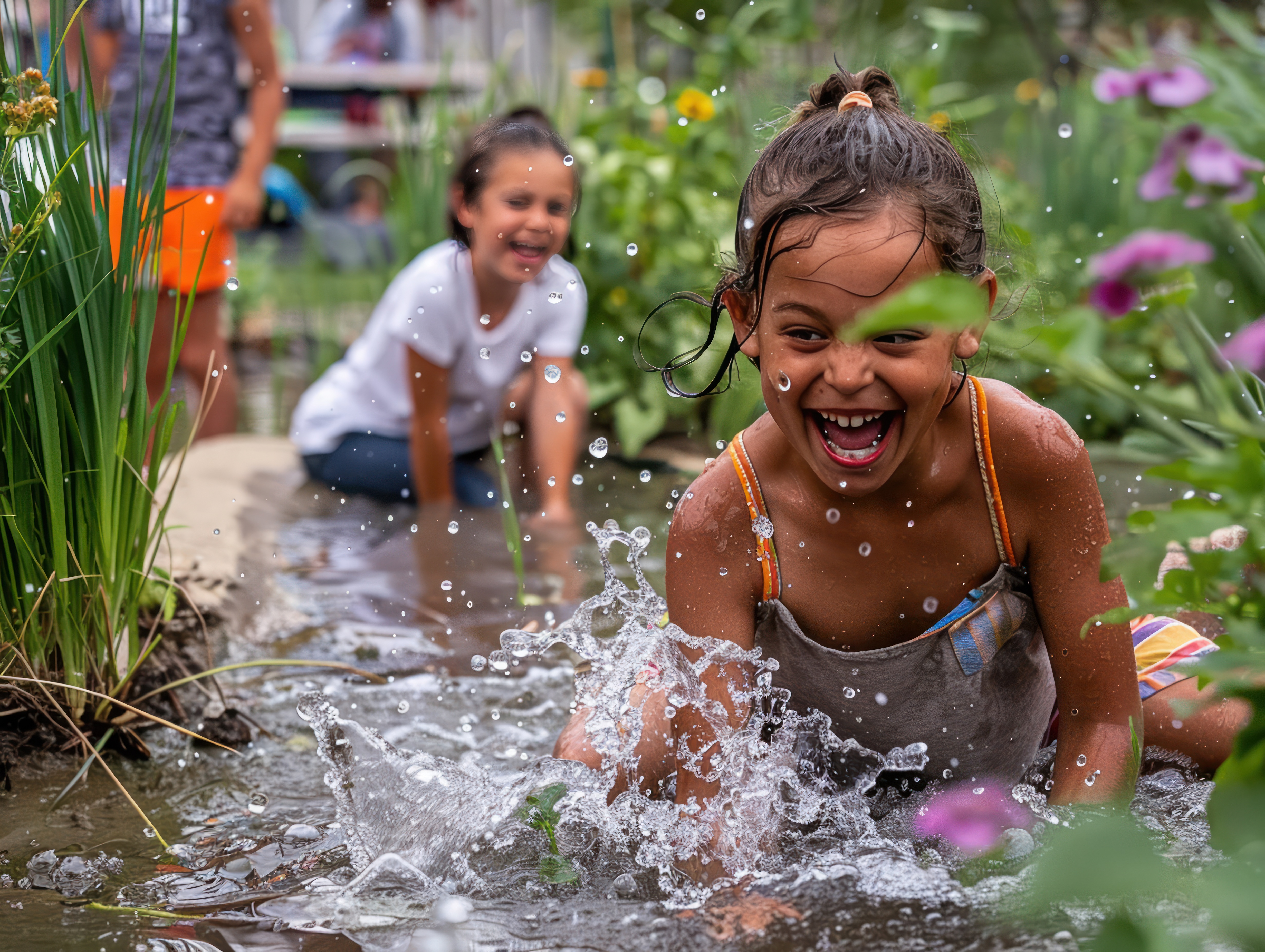 Two young children cooling off in an urban rain garden