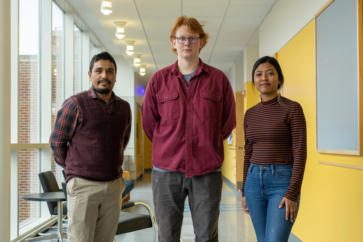 Keene State College Assistant Professor Ahasan Habib with two of his students, Carter Nelson, and Slesha Tuladhar