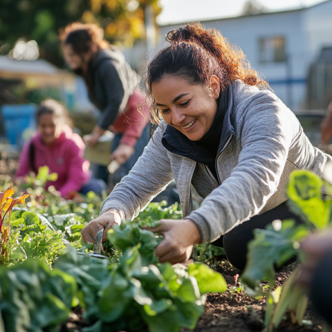 A woman harvests produce at a community garden