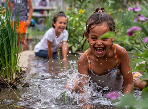 two children playing in an urban rain garden