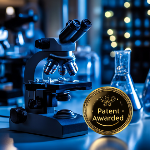 A stylized image of a lab microscope with the words Patent Awarded in a gold seal