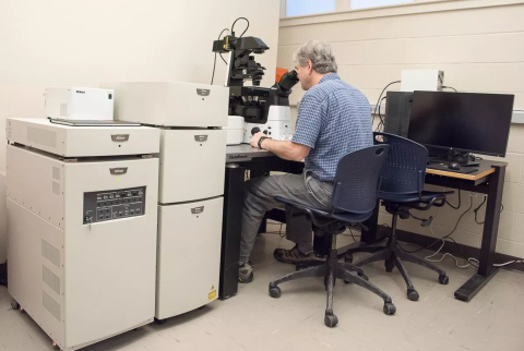 Mark Townley sits at the confocal microscope